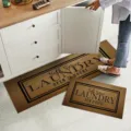 Brown laundry floor mat set, absorbent kitchen runner and small rug with text. - CF-5