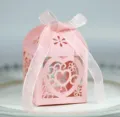 Pink laser cut hollow heart paper candy favor box with pink ribbon bow for wedding party - Pink