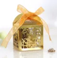 Gold laser cut favor box wedding candy box hollow birdcage design with ribbon. - Reflective Gold