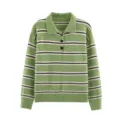 Green striped polo collar loose casual long sleeve knit sweater for women autumn. - One Size / Tops / Green And White