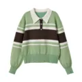 Green striped knit polo sweater for women, casual long sleeve relaxed fit short top. - S / Tops / Green Brown Contrast