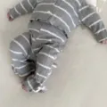 Infant baby rib knit stripe cardigan long sleeve top and pants set for spring autumn daily wear. - 66 / Top And Bottom / Grey and White Striped