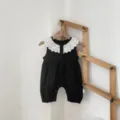 Adorable mameluco de verano para bebé de algodón con cuello de encaje, sin mangas, muy bonito. - 66cm / Negro