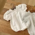 Infant baby girl summer thin cotton romper cute lantern sleeve blossom collar infant jumpsuit - 66cm / Beige