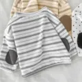 Kids striped long sleeve t-shirt with elbow patches, casual toddler crewneck top for spring autumn. - Grey Striped
