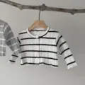 Cute baby striped ribbed cardigan infant long sleeve knit top button down toddler outerwear - 66 / Tops / Black and White Stripe