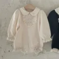 Baby girl French court style long sleeve romper in beige with lace ruffle collar and pearls. - 66cm / Off White