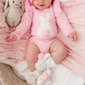 Infant cute pink knit bunny romper with ruffles pom pom tail and matching hat for autumn winter. - 66cm / Tops / Pink Rompers