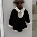 Baby girls vintage lace collar long sleeve romper cute black infant bodysuit fall baby clothing - Black