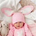 Cute baby knit bunny ear hat and sweater romper set, soft infant autumn winter clothing. - Pink Rabbit Ear Hat