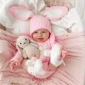 Infant baby knit bunny romper hat set with plush doll, cute autumn winter outfit. - Pink Set (Romper + Hat)