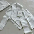 Baby biologisch katoen gespikkeld geribbeld lange mouw kimono top hoge taille broek detail - 66cm / Set / Gemêleerd Grijs