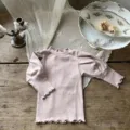 Baby mock neck ruffle bubble sleeve t-shirt toddler cute Korean style autumn top wear - 73cm / Pink Purple