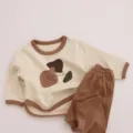 Cozy cotton children clothing set featuring color block design and abstract graphic top for autumn. - 73cm / Top And Bottom / Brown Red
