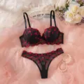 French floral embroidered bra and panties two-piece set, elegant sheer lingerie for women. - S / Top And Bottom / Black Floral