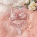 Close-up of pink floral embroidered lace bra and panties set with delicate mesh details. - S / Top And Bottom / Pink Floral