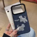 Chic denim phone case featuring cute dog embroidery and durable black protective bumper. - Denim Blue Embroidered Style / iPhone 11