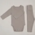 Infant baby long sleeve romper high waist pants set neutral cotton casual daily wear spring outfit - 73cm / Light Coffee