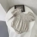 Khaki Baby Cotton Embroidered Romper, Cute Infant Square Neck Puff Sleeve Jumpsuit - 66cm / Grey Apricot Romper