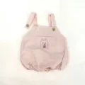 Baby pink strap romper detail featuring cute cartoon rabbit embroidery, buttons, and soft fabric. - 66cm / Pink