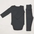 Baby long sleeve bodysuit and high waisted leggings set, comfortable cotton infant clothes, dark grey. - 66cm / Black