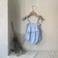 Baby blue summer strap romper with smocked bodice and tiered ruffle skirt design for infants. - 66cm / Light Blue