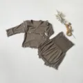 Infant autumn long sleeve top and high waist shorts set, ribbed ruffles baby clothes. - 66cm / Milky Brown Set