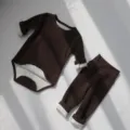 Baby brown romper and high-waist pants set, cozy fleece lined long sleeve infant clothing. - 73cm / Coffee Winter Fleece-Lined