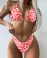 Vrouwen sexy roze bloemen print bikini tweedelig hoge taille driehoek badpak zomer - XS / Boven- En Onderstuk / Roze Geel Bloemen