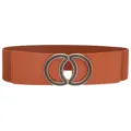Brown elastic waist belt detail, featuring a metallic interlocking circular buckle design. - Camel