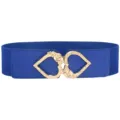 Blue elastic waist belt for women with stylish gold heart interlocking metal buckle design. - Gold Buckle / Blue
