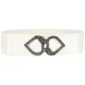 White elastic waist belt product detail, vintage metal heart and rose buckle accessory. - Black Buckle / White