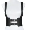 Dettaglio cintura imbracatura in ecopelle nera, corsetto vita larga con fibbie metalliche. - Nero