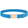 Ceinture élastique bleue avec boucle cœur dorée vue rapprochée avec curseur métallique. - Bleu clair