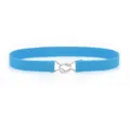 Blue elastic waist belt for women with silver metal buckle, slim dress accessory detail view. - Lake Blue With Silver Buckle