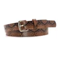Detailed view of the women retro snake pattern thin belt with elegant gold square buckle. - Camel