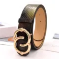 Nahaufnahme eines eleganten Damengürtels in Schlangenhautoptik mit schöner goldener Schalle. - Gelb Schwarz
