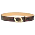 Close-up detail of the stylish snakeskin texture belt featuring unique geometric gold buckle. - Red & Black