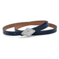 Stylish women thin leather belt with silver diamond buckle, perfect for dresses and suits. - Dark Blue