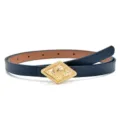 Women thin leather belt with stylish retro gold rhombus buckle for dress suit casual wear - Dark Blue
