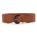 Women wide elastic stretch waist belt with vintage wooden buckle for dress and coat. - Camel