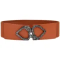 Brown elastic waist belt for women, vintage heart rose metal interlock buckle dress belt - Black Buckle / Camel