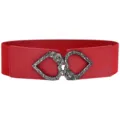 Red elastic waist belt closeup, vintage silver heart rose buckle detail for dresses. - Black Buckle / Red