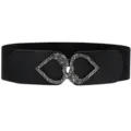 Close-up of black elastic waist belt with vintage silver double heart rose buckle. - Black Buckle / Black