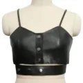 Crop top in ecopelle nera da donna, elegante canotta in PU con dettagli di bottoni metallici. - Nero