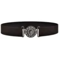 Detailed view of the dark brown elastic waist belt featuring a sparkling rhinestone round buckle. - Coffee