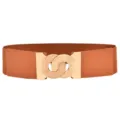 Brown elastic wide waist belt with gold interlocking circle buckle for women dresses. - Camel