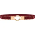 Women red elastic waist belt with gold interlocking circle buckle fashion dress accessory detail view - Burgundy