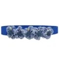 Close up view of blue elastic waist belt featuring fabric flowers with silver leaf accent. - 5 Flowers Color 17