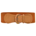 Detail view of the wide stretch belt featuring woven leather pattern and round metal buckle. - Brown